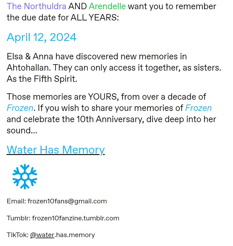 bigfrozenfan1's tweet photo. Celebrate the 10th Anniversary of Frozen with sharing your memories of the movie experiences with fans in our fanzine. Water has memory - a fan project and fanzine, for fans, by fans! https://t.co/szUDYOppVY #frozen #frozen10 https://t.co/nIjQUr3gFQ