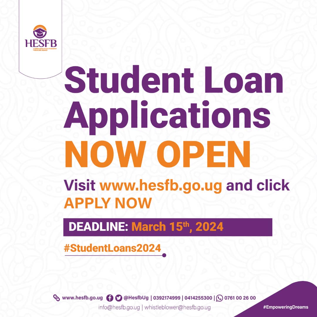 The application window to #StudentLoans2024 is now open to all eligible Ugandan students. The DEADLINE for Applications is March 15th, 2024. To apply, visit hesfb.go.ug @HESFBUG @Educ_SportsUg @wanyamaom1 @MoICT_Ug @Makerere @kyambogou @NkumbaUni @MosesWatasa