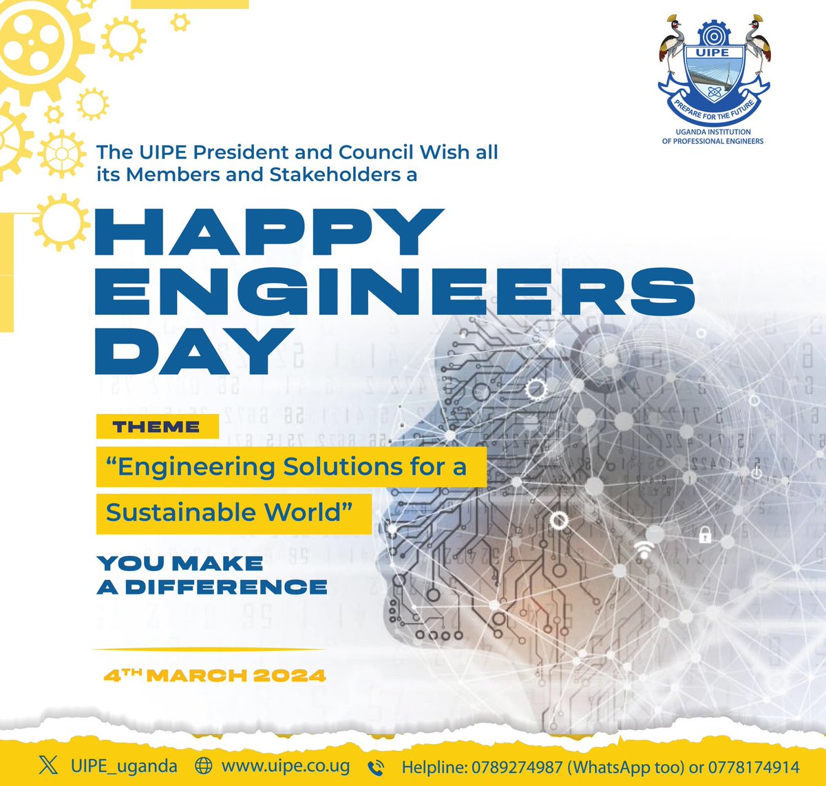 UIPE_Uganda's tweet photo. #Today is #WorldEngineeringDay 

We celebrate all the #Engineers who have made outstanding contributions to the development of Uganda.

"You Make a difference"  

#HappyEngineersDay 
#UIPEUpdates 
#MondayMotivation https://t.co/EKrTIFBqWm