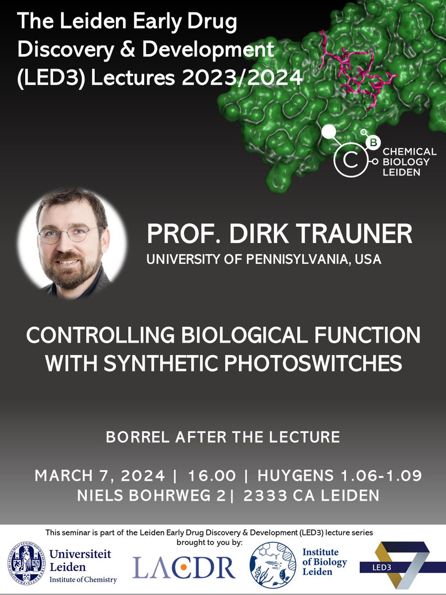 We are very much looking forward to welcoming @DirkTrauner for a @LED3hub Lecture. He will present on his work on 'Controlling Biological Function with Synthetic Photoswitches'. Join us this Thursday, March 7th, at 16:00 in the Huygens 1.06-1.09!