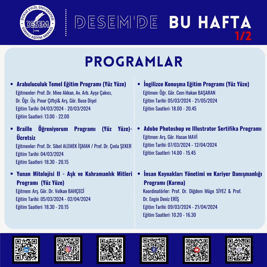 DeuDesem's tweet photo. 04.03.2024 - 10.03.2024 haftasında gerçekleşecek @universitemdeu DESEM programlarımız ve etkinliklerimiz… https://t.co/MnwbMUOOFI