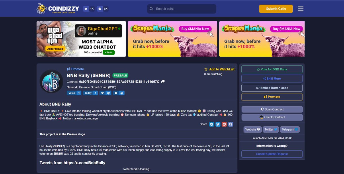 🔼New listing on #COINDIZZY

 Now you can see $BNBRALLY on the Coindizzy. Join and show some love!!
Moon is waiting for us LFG 🔥

coindizzy.com/coin/0x90f5D45…

Contract :
0x90f5D45b04C874989183Aa057281D3811c61d57C

✈️t.me/BNBRallyOffici…
🌐bnbrally.com