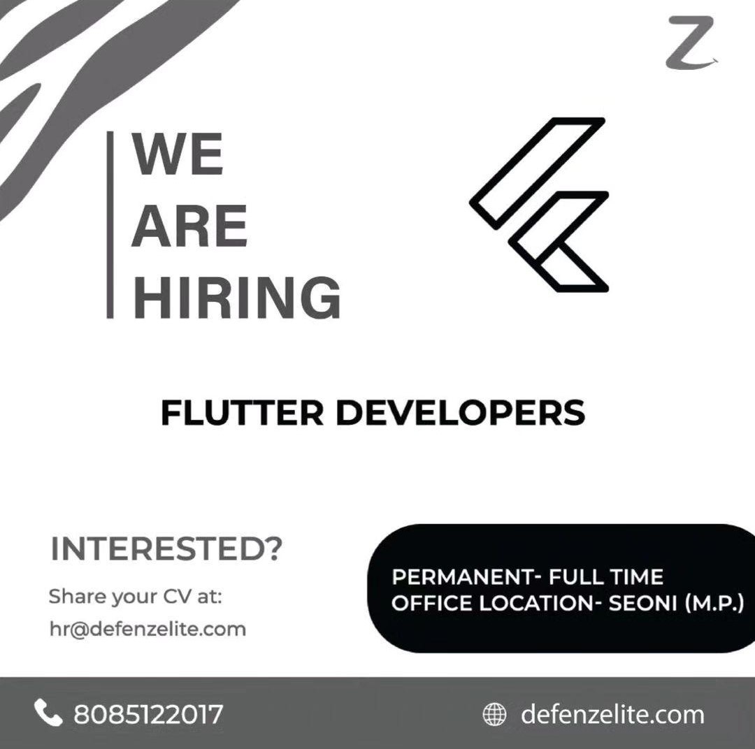 We are looking to hire an ingenious and talented Flutter Developer to join our team and create innovative apps using Scalable Code that are scalable and innovative. Interested candidates send your resume to hr@defenzelite.com.
 #defenzelite #hiringnow #flutterjobs #flutterdev