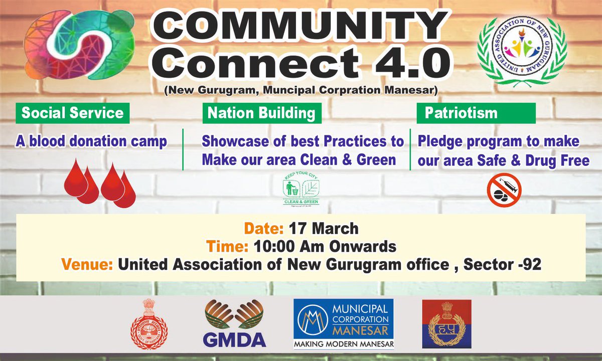DevelopNewGgn's tweet photo. Invitation For #Community_Connect 4.0 

Date -17.03.2024
Time-10:00 AM
Location-Office of United Association of New Gurugram Sec92,GGN 
Location-https://t.co/RsPlFEoEtk

For Blood Donation please fill👇
https://t.co/Ga1xnkiOKF

@DC_Gurugram @gurgaonpolice @MCManesar @OfficialGMDA https://t.co/7ileci82Nr