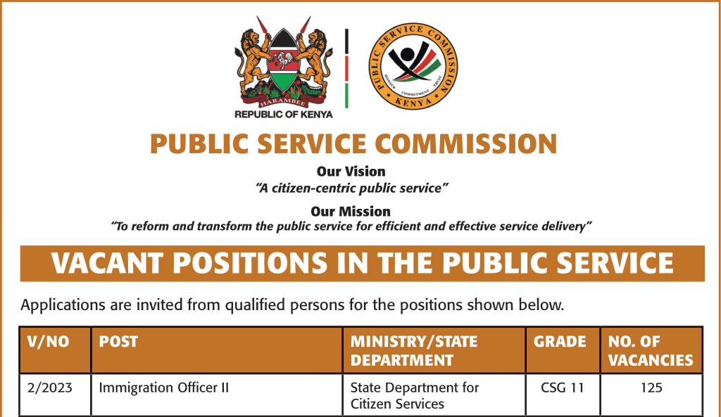 PSCKenya's tweet photo. UPDATE: The Commission has finalized the recruitment of Immigration Officer II (V/NO. 2/2023) under the State Department for Citizen Services. 

All Candidates who were shortlisted and interviewed can now check their PSC job portals for outcome and reporting details. 
#IkoKaziKE https://t.co/2u5jNV4ZCO