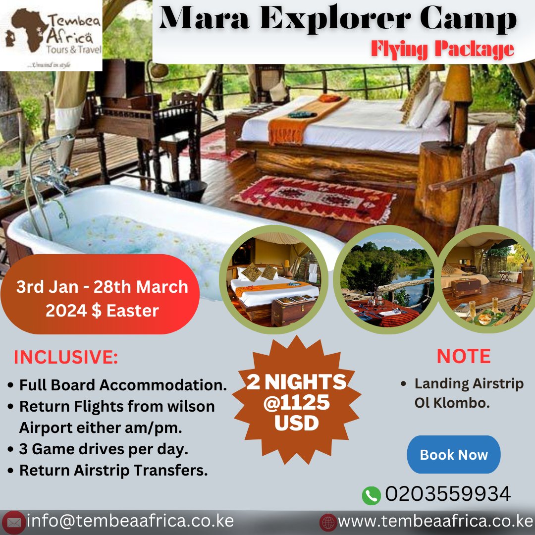 Experience the magic of the Maasai Mara from a whole new perspective with our Mara Explorer flying package.
To book:
📞: +254 203 559 934
💌: info@tembeaafrica.co.ke
🌐: tembeaafrica.co.ke
#maasaimara #maraexplorercamp #tembeaafrica #explorekenya #magicalkenya #flyingsafari