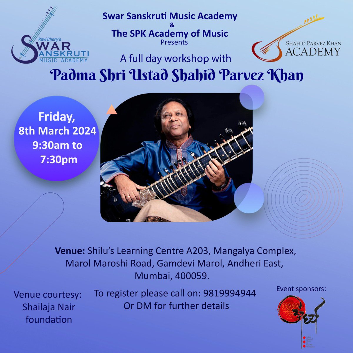 RaviCharySitar's tweet photo. Looking forward to Ustad Shahid Parvez ji’s workshop. 🎶
3 more days to go...
Register fast. 😊 https://t.co/NWCWpJxrAd