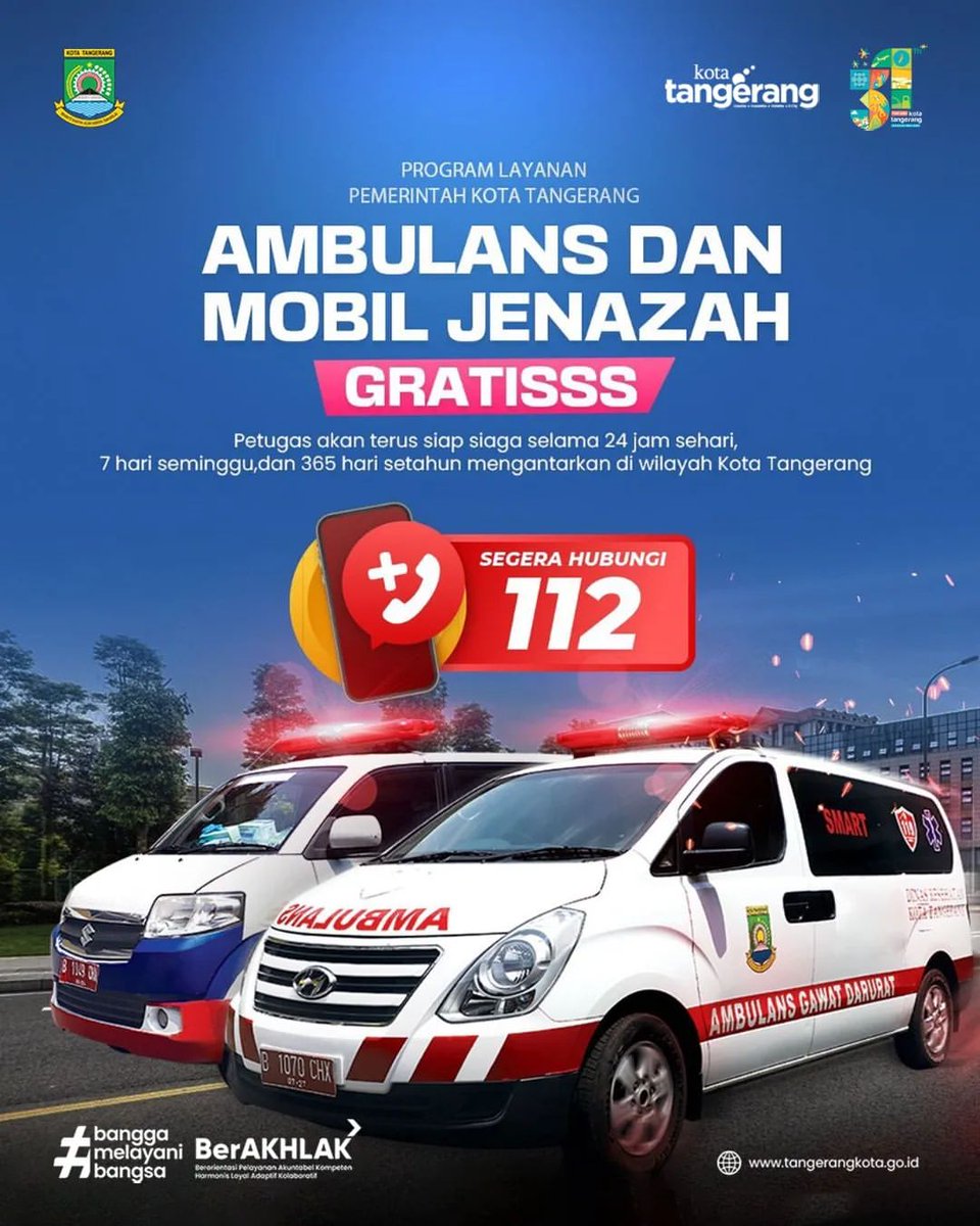 Halo warga #KotaTangerang
Bagi kalian yang membutuhkan bantuan dalam kejadian kegawatdaruratan di Kota Tangerang dapat langsung menghubungi 112 untuk mendapatkan layanan Ambulans dan Mobil Jenazah secara GRATIS‼️