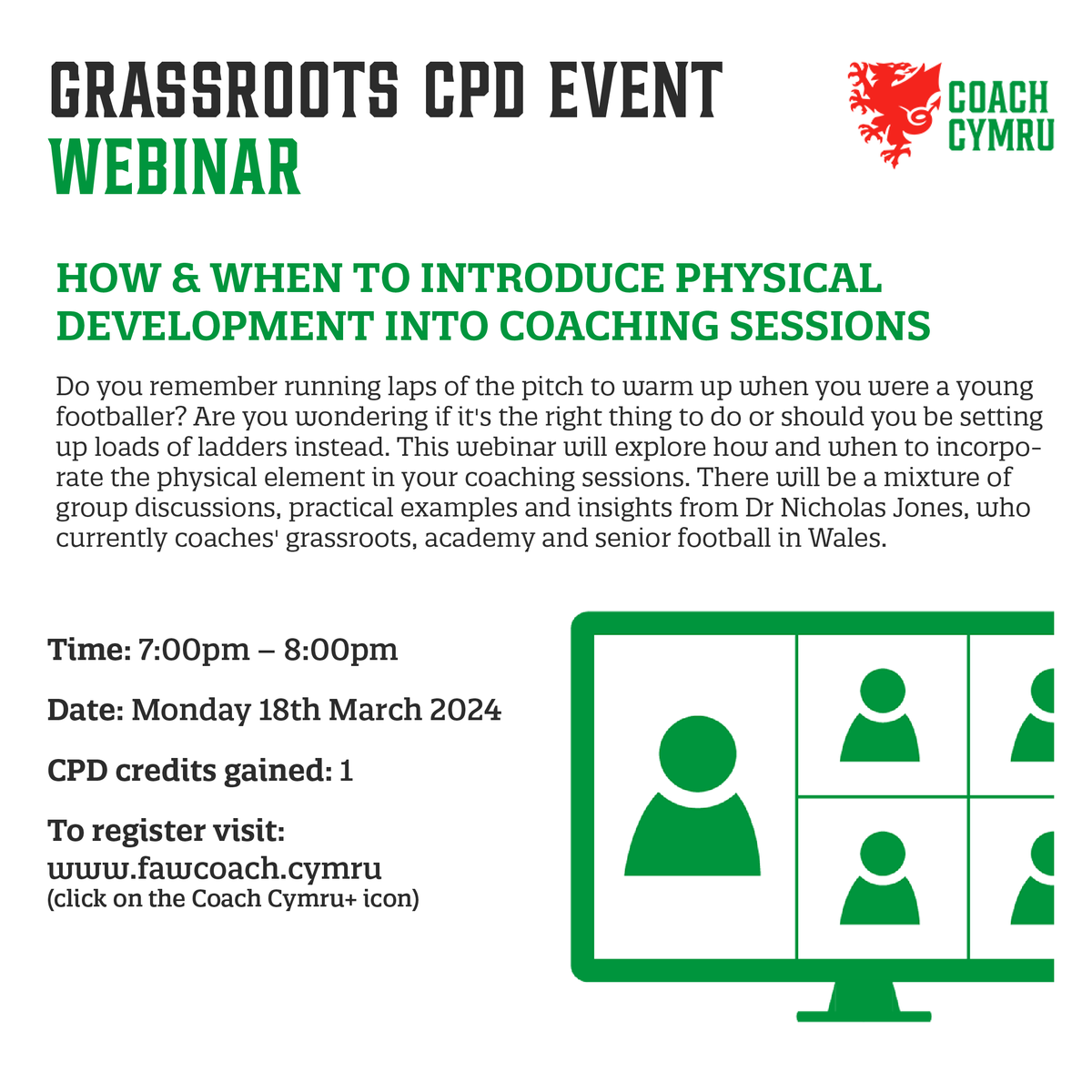 GRASSROOTS CPD WEBINAR This webinar will explore how & when to introduce physical development into coaching sessions Monday 18th March 2024 To book a place click here fawcourses.com/coachcymru/cou…