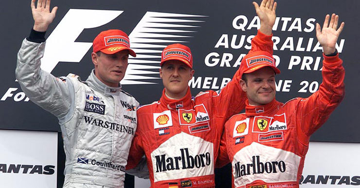 MsportXtra's tweet photo. #F1 #OnThisDay, March 4th 2001, @schumacher won the #AustralianGP for @ScuderiaFerrari , ahead of @therealdcf1 and Ferrari teammate @rubarrichello . @alo_oficial @jpmontoya Kimi & Bernoldi made their debut. https://t.co/gHxV2ZjtjA #MsportXtra @UnracedF1 @ausgrandprix #RIPGraham https://t.co/FL6znXw6qi