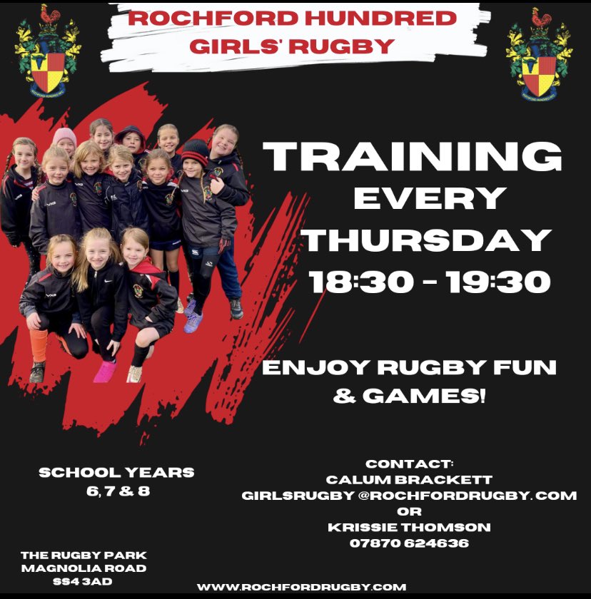RochfordRugby's tweet photo. @LIFE_AT_KES @Greensward_PE @FitzWimarcPE @ThorpeHall @SweynePark Training is every Thursday but this month we are also running a special Saturday session. Hope to see some of your girls there! https://t.co/D5hQ2FplAp