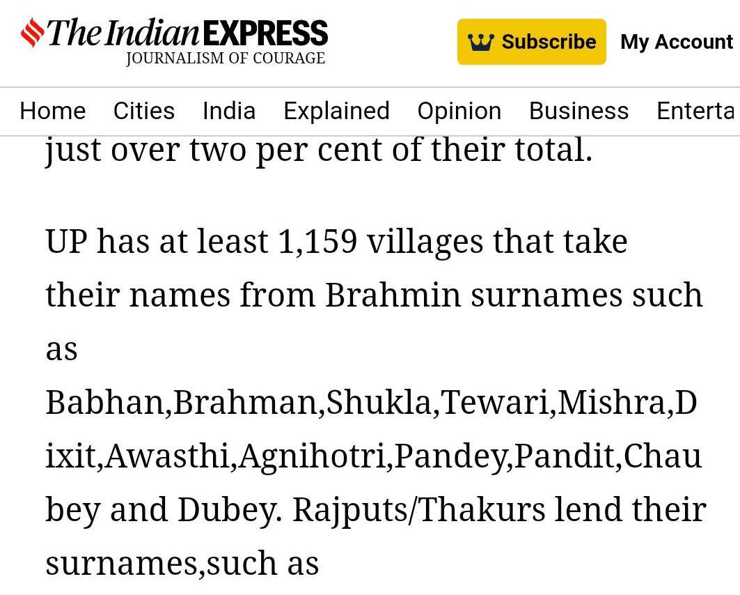 बहुतों खासकर राजस्थान,हरियाणा,पश्चिम यूपी,दिल्ली के अन्य जाति के लोगों को ये बोलते सुना हूं की ब्राह्मणों का कोई गांव क्यों नहीं होता।

तो उनकी जानकारी के लिए बता दूं कि अकेले यूपी में 1159 गांव के नाम ब्राह्मणों व उनके अन्य उपनामों (बाभन,तिवारी,मिश्रा,शुक्ला,पाठक,आदि) पर  है।