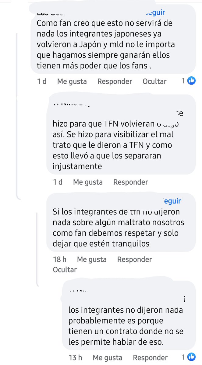 Como me cagan este tipo de comentarios. 
Si claro quédate calladx y deja que traten mal a tus ídolos, que nadie hable de eso 
#TFN_FOREVER_WITH_US 
#MLD_IS_OVER_PARTY