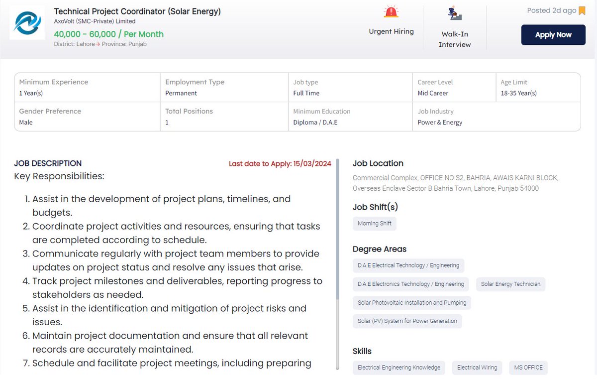 PunjabjobCenter's tweet image. AxoVolt  Limited is looking for Technical Project Coordinator
Salary : 40,000-60,000
Location : Lahore
To Apply on available jobs please registered at our official website jobcenter.punjab.gov.pk/worker/create

#latestjobopenings #updateyourprofile
#updateyourprofile #jobopenings #jobseekers