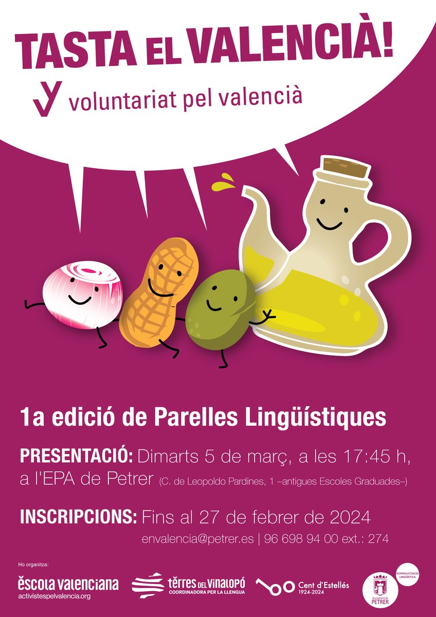 terresvinalopo's tweet image. 👅 Tasta el valencià! El programa d'intercanvi lingüístic d'@escolatv  per a la promoció del valencià arriba a #Petrer.

🗣️ Presentació de parelles lingüístiques
📆 Dimarts 5 de març
🕣 A les 17.45 h
📍A l’Escola de Persones Adultes de Petrer