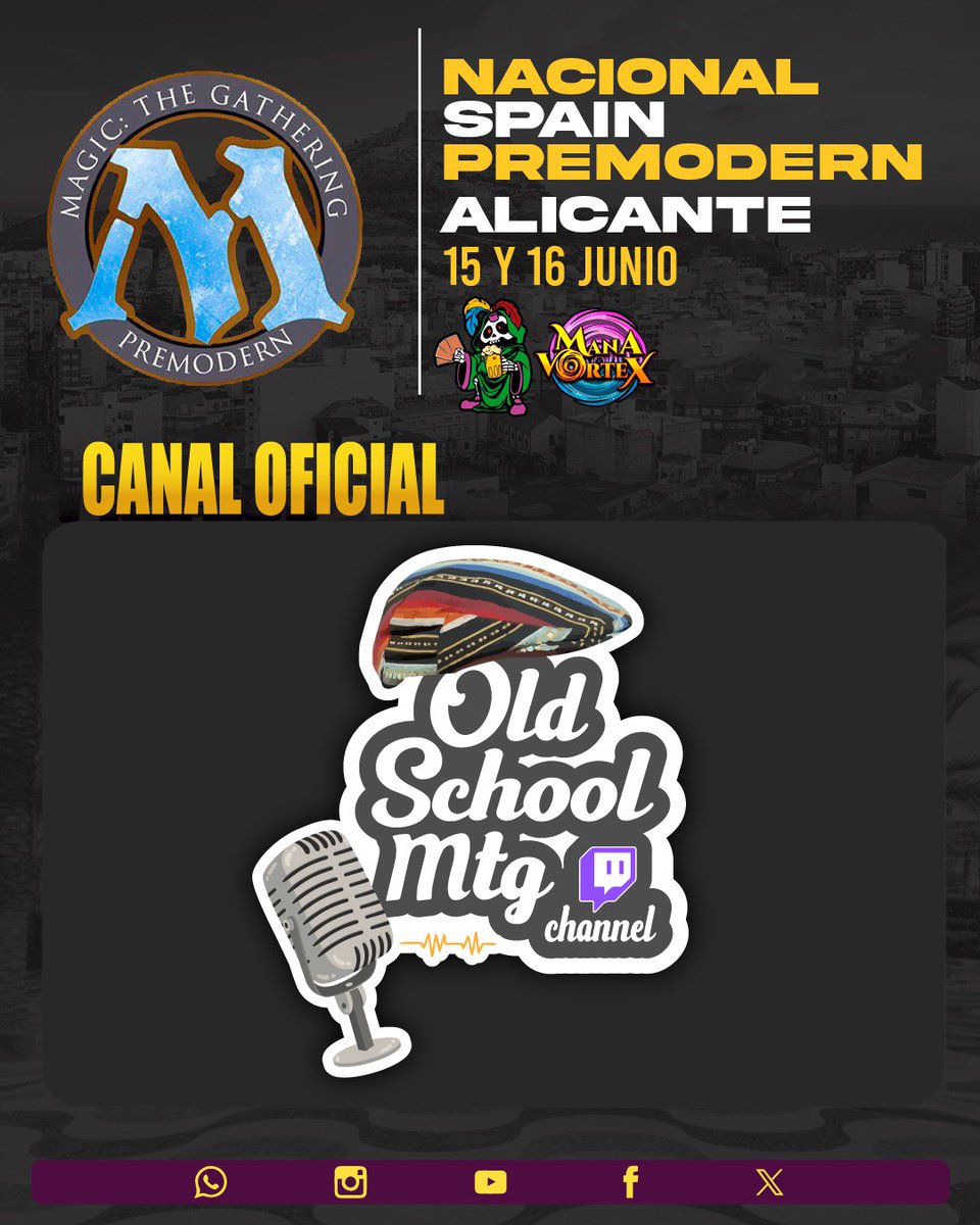 Empezamos la semana con una GRAN NOTICIA

twitch.tv/old_school_mtg…

Será el CANAL OFICIAL del mayor evento que se celebrará en España de PREMODERN en este 2024 
Dar las gracias a los organizadores del evento MANA VORTEX por confiar en este canal para la retransmisión en directo
😉