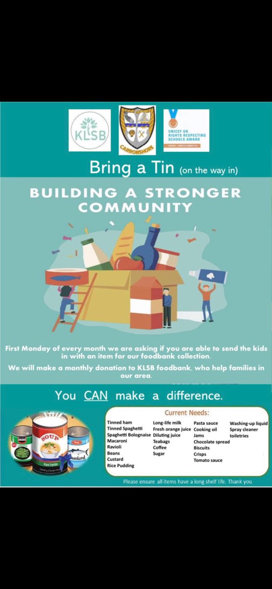 Bring a tin on the way in day today. 
Trolley outside Mrs Nairns office as always. #communityspirit #doingourbit #inittogether #RRSsilveraward @carronshoreps