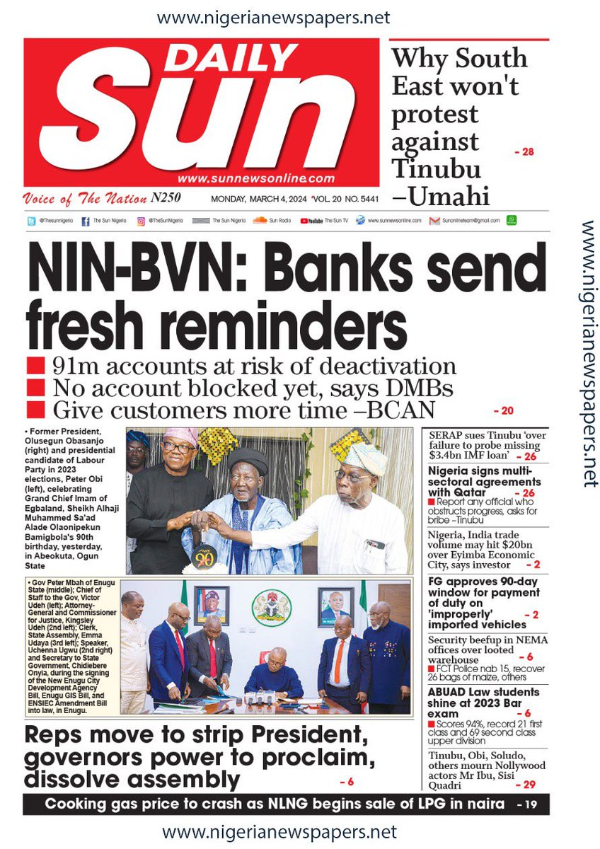 uniquesegun's tweet photo. Newspaper front Pages. Follow @uniquesegun for more updates. 

ABUAD Adekunle Gold #Osimhen Saro Tinubu Yusuf Congratulations Phyna Pastor Chris #Pienetwork Olu Jacob  #Airdrops Reno Edo State #Liquorose Adeola Marriage Chioma PBAT Erisco Garnacho https://t.co/JGOpTYOD32