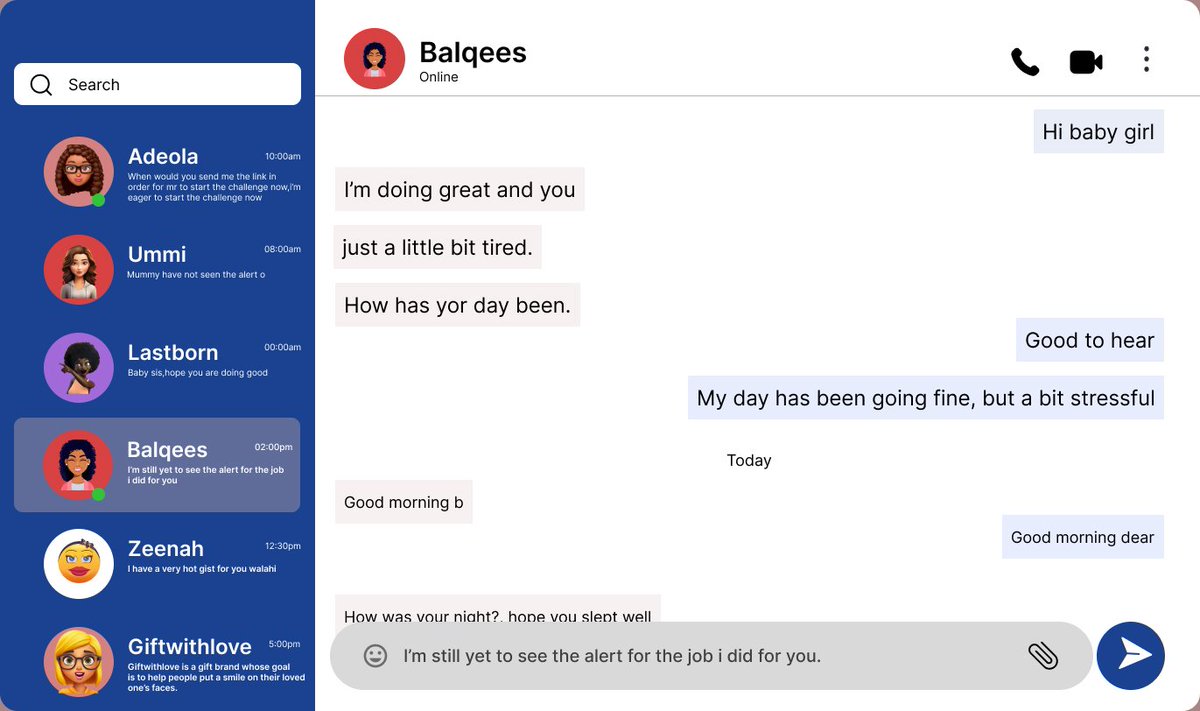 Adewealth999's tweet photo. Day 11 of 30days design challenge
A chat box 
Connect,chat and have fun with friends and family
#30daysuidesignchallenge
#uidaily
#uiuxdesign
#uidesign https://t.co/at7iHMqolq