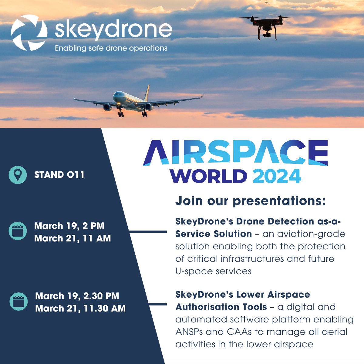 We're counting down to @AirspaceWorld later this month! 🌍✈️Join us at the @skeyesBE_EN  booth for presentations and demonstrations.
Book your appointment now to secure your exclusive demos and meetings with the SkeyDrone team: forms.office.com/e/udZTXKdHN8
#AirspaceWorld #UTM