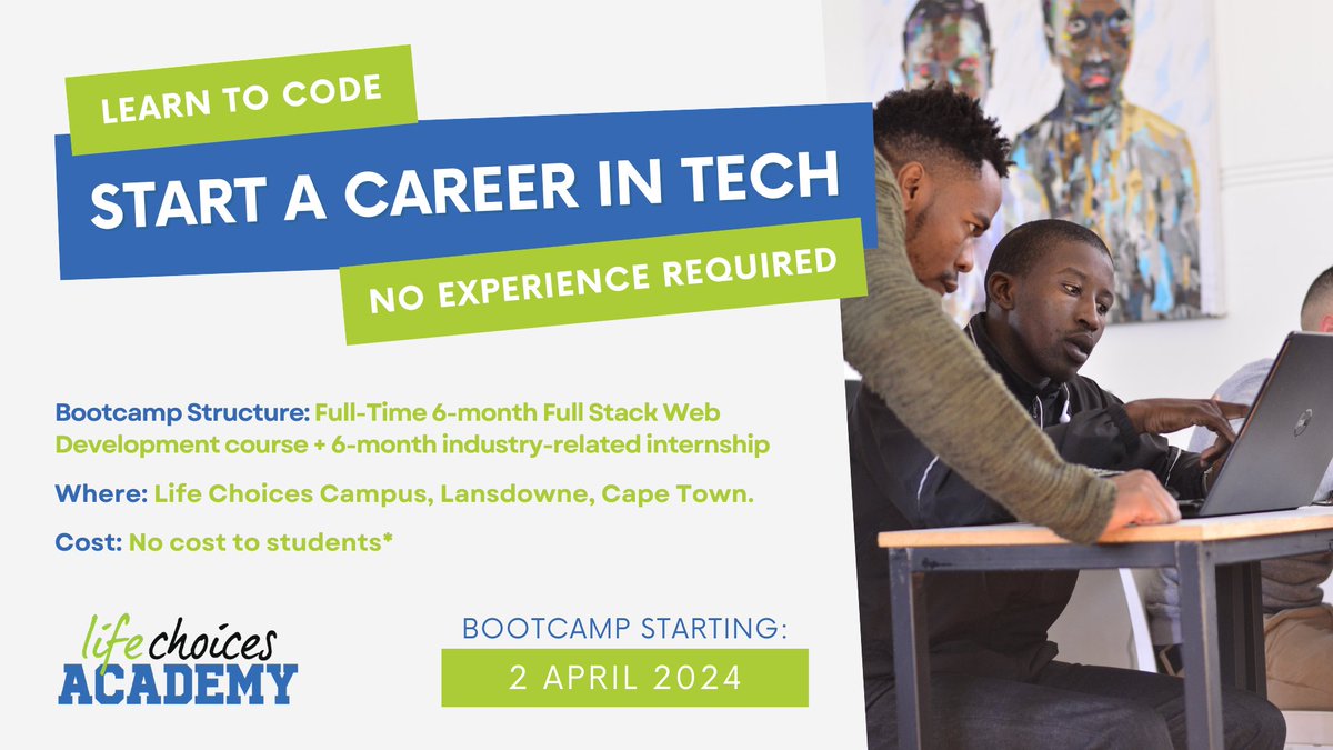 🌟 Join Life Choices Academy &amp; kickstart a career in the ICT sector! 🚀

Requirements:
✅Matric certificate
✅ Age: 18 - 25
✅ Residing in Cape Town
✅ Able to attend full-time
✅ South African citizen

Ready to change things up? Click here forms.gle/5zfGkc74s2oEc2… to apply!