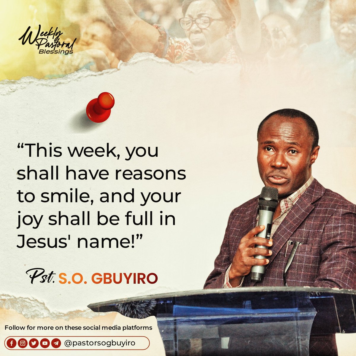 Welcome to another beautiful week of great joy.

#weeklypastoralblessings
#newweekblessings 
#pastorsogbuyiro 
#cacyouthdirector 
#christapostolicchurch