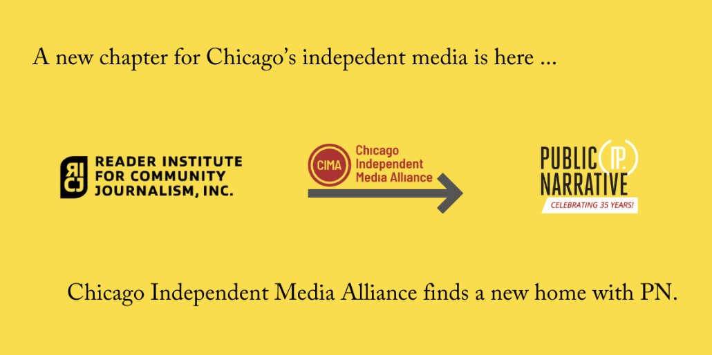 Congrats to our friends, @PublicNarrative, for taking on full operational responsibility of the Chicago Independent Media Alliance (CIMA) from the Reader Institute for Community Journalism. CIMA and the future of independent journalism are in good hands! publicnarrative.org/2024/02/releas…