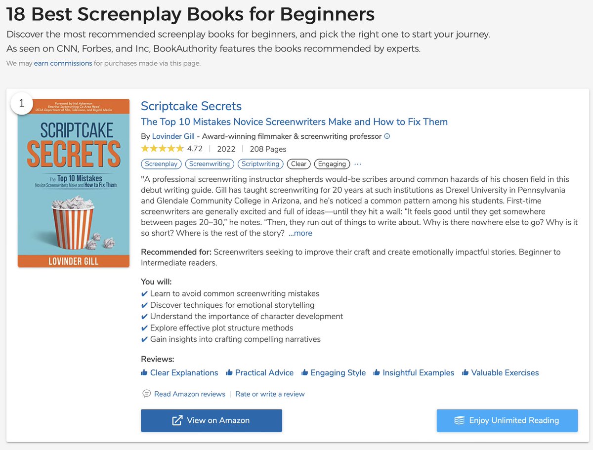 Lovinder's tweet photo. Scriptcake Secrets is ranked #1 on the 18 Best Screenplay Books for Beginners!  👉🏽👉🏽 https://t.co/qC9oR3vcue https://t.co/mTj65BXaSj
