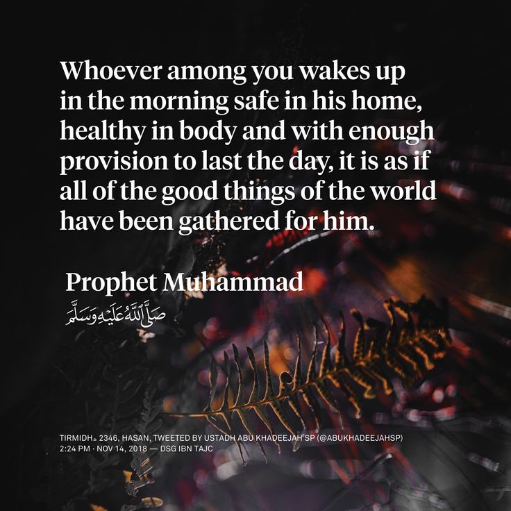 Whoever among you wakes up in the morning &amp; is safe in his home, in good health &amp; has enough provision for the day, it is as if he has all the good things of this world 🌍

Prophet Muhammad (PBUH)