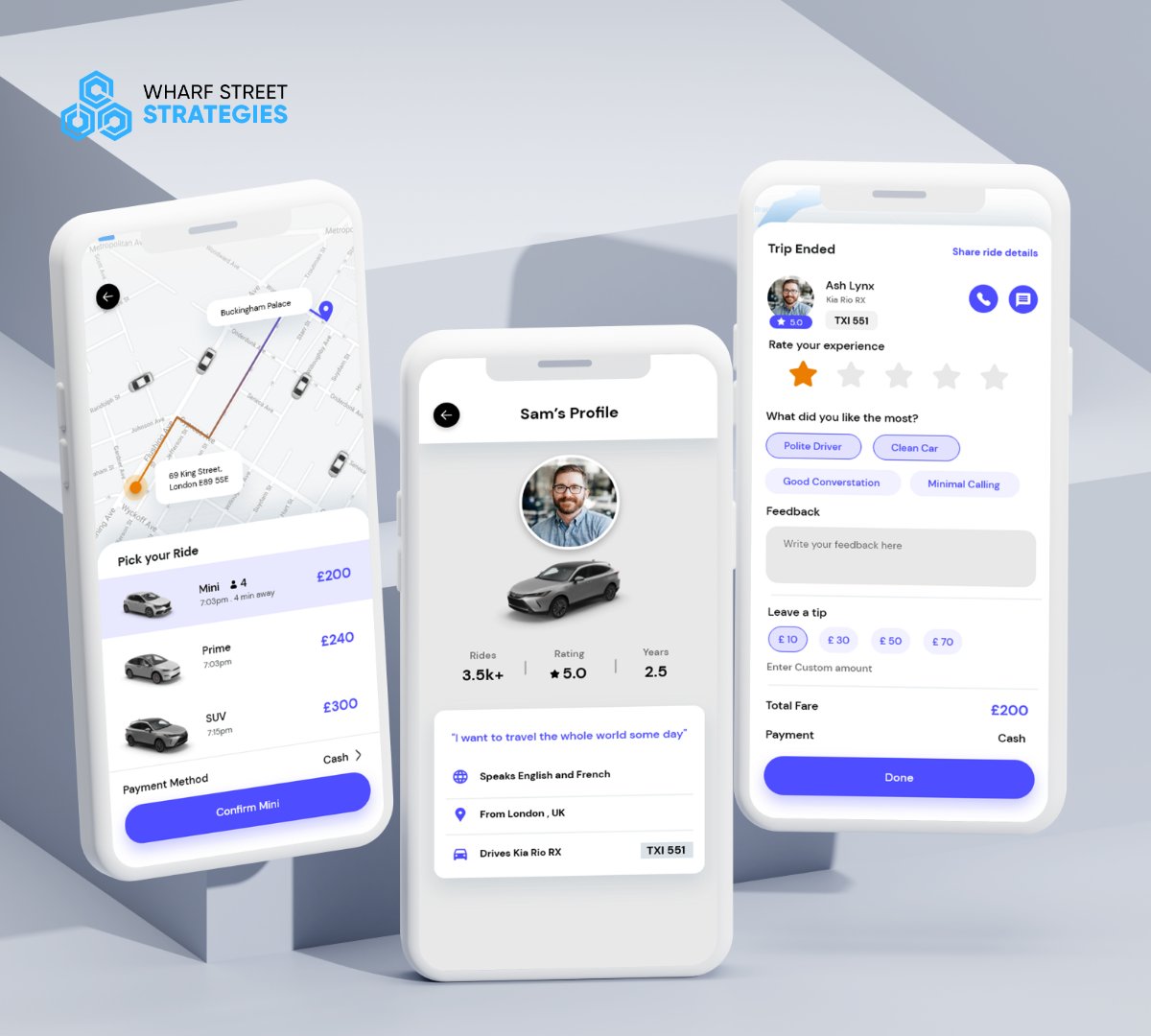 Mobile app UI/UX design | Trip Ended | Pick your Ride | Profile Design is a plan for arranging elements in such a way as best to accomplish a particular purpose. Contact us for more details - info@wharfstreetstrategies.com #wharfstreet #ui #ux #uidesign #uiux #uiuxdesign