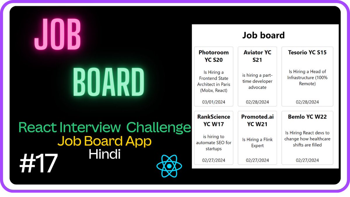 imran1mind's tweet photo. 🚀Job Board React App-React Interview Challenge #17 -Machine Coding Round... https://t.co/sHi9wO3dpm via @YouTube 
#javascript #React https://t.co/7xl67EKuSX