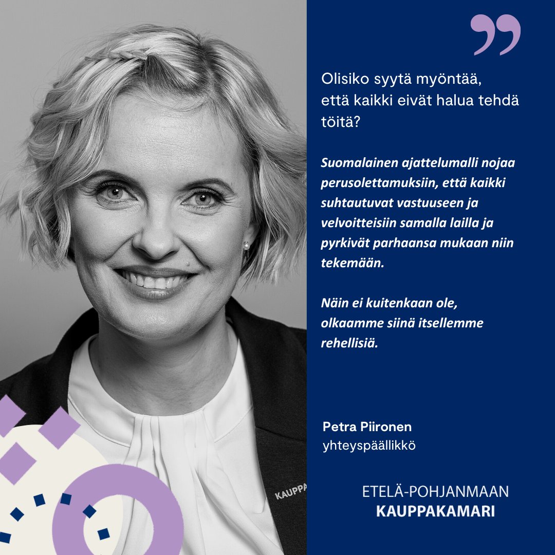 Kamariviestin pääkirjoituksessa yhteyspäällikkö Petra Piironen nostaa kissan pöydälle. "Olisiko syytä myöntää, että kaikki eivät halua tehdä töitä?". Lue pääkirjoitus kokonaisuudessaan täällä: etela-pohjanmaankauppakamari.fi/uutinen/olisik…