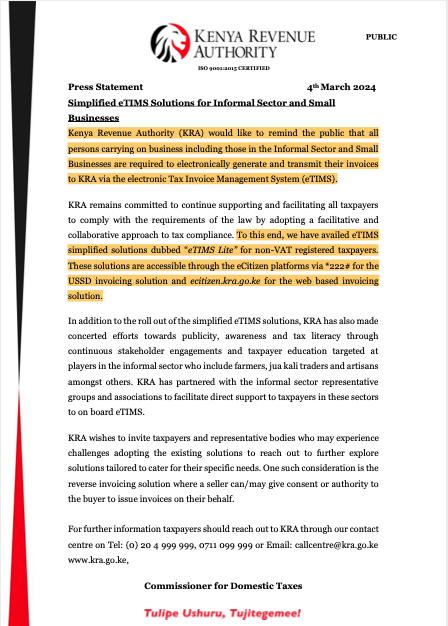 AmbokoJH's tweet photo. UPDATE: Electronic Tax Invoice Management System (eTIMS). 

Kenya Revenue Authority has launched what it calls 'eTIMS lite' targeting non-VAT registered tax payers.

· This suggests that the exemption of business whose turnover falls below Kes 5.0M per annum from mandatory eTIMS onboarding has effectively been rescinded
· This means business persons will now be able to raise eTIMS invoices via eCitizen & USSD options 
· Now that this is be launched just 27 days to the sunset date for Mandatory eTIMS onboarding (March 31st), I guess it is a statement signalling below target uptake especially by players in the informal segment of the economy (who are actually the ones being targeted anyway)
· Finally, I really hope this addresses the headache that it is to simply raise an invoice via eTIMS. It took me a whole 2 days to raise an invoice, 2 days!!
