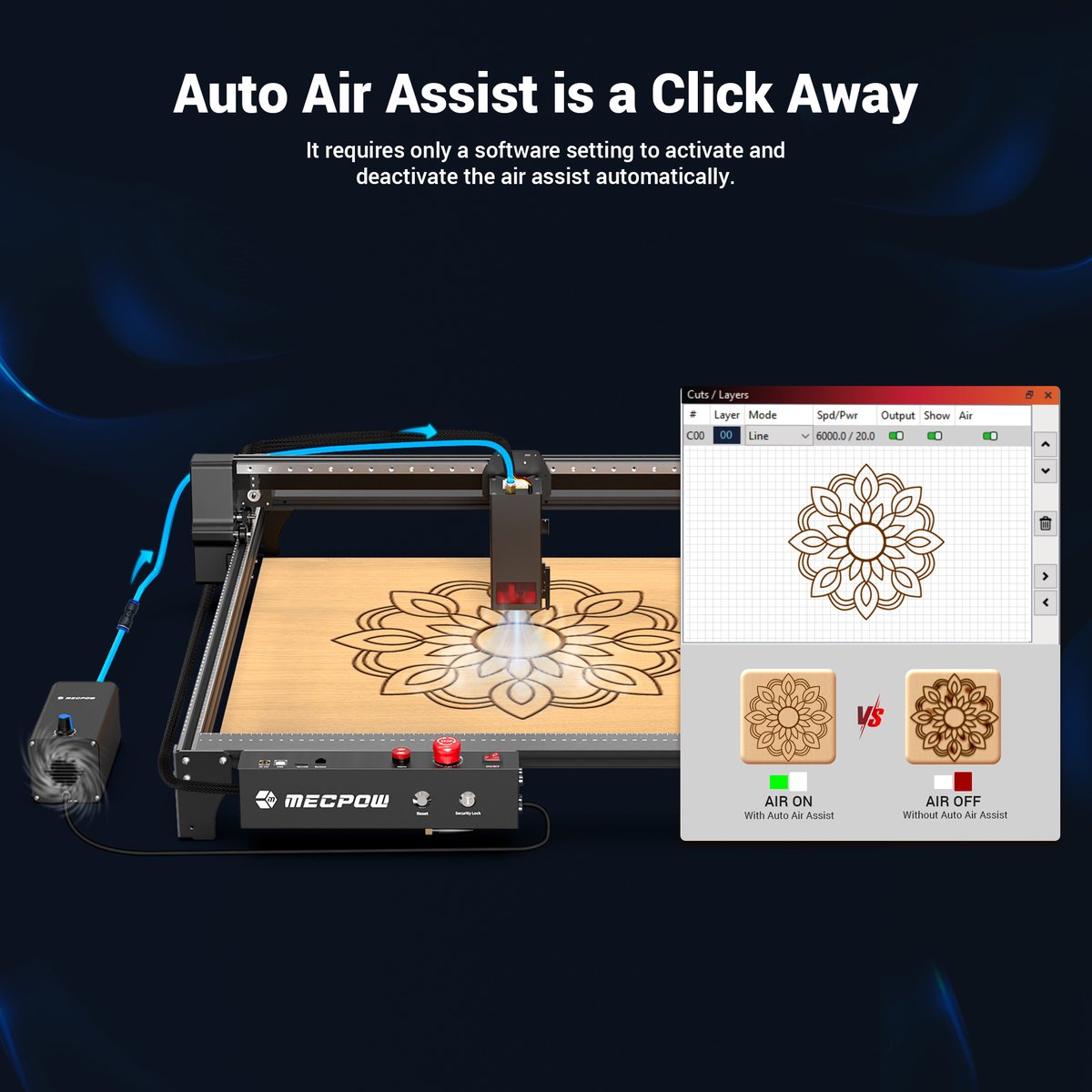 mecpow's tweet photo. Experience the ease of crafting with Mecpow X5 Pro Laser Engraving Machine!
Activate or deactivate the Auto Air Assist with just a simple software setting. Effortless precision at your fingertips.
#Mecpow #MecpowX5Pro #CraftingSimplicity #LaserInnovation #Mecpowlaser https://t.co/IiiW7BH12z