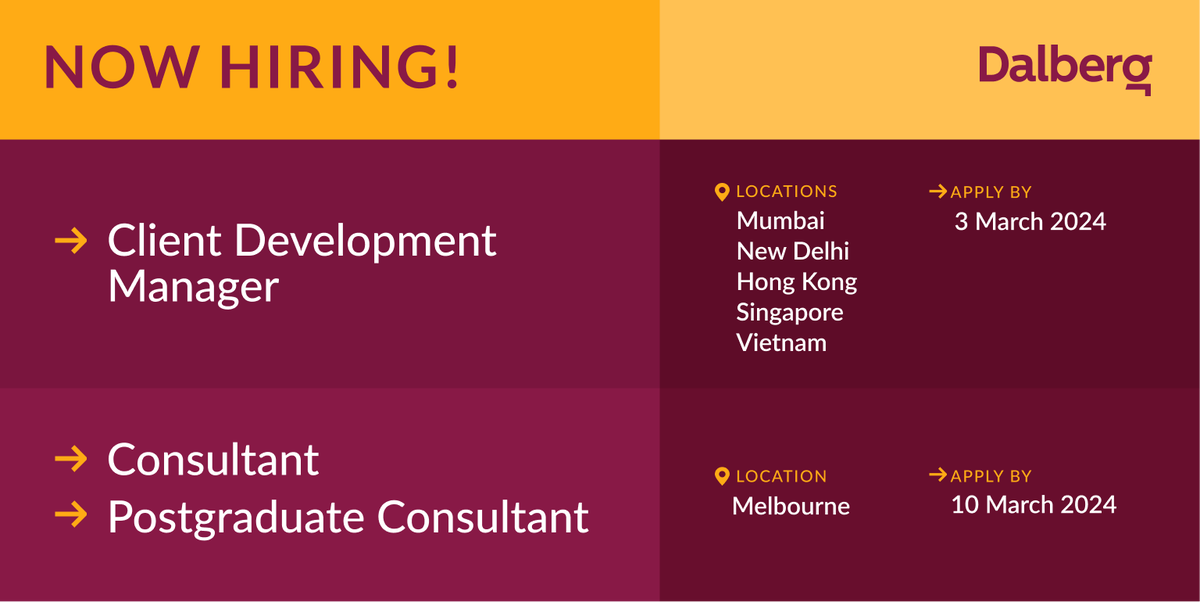 DalbergTweet's tweet photo. 📢 #Dalberg Advisors is #hiring! Explore open roles in our #AsiaPacific offices:
Client Development Manager: https://t.co/UnCHhAfJSB
🗓️ Apply by 17 March 2024
Consultants: https://t.co/h4hcDhfo8M
Postgraduate Consultants: https://t.co/wpcWxka5mF
🗓️ Apply by 10 March 2024 https://t.co/SEc6YxwmrY