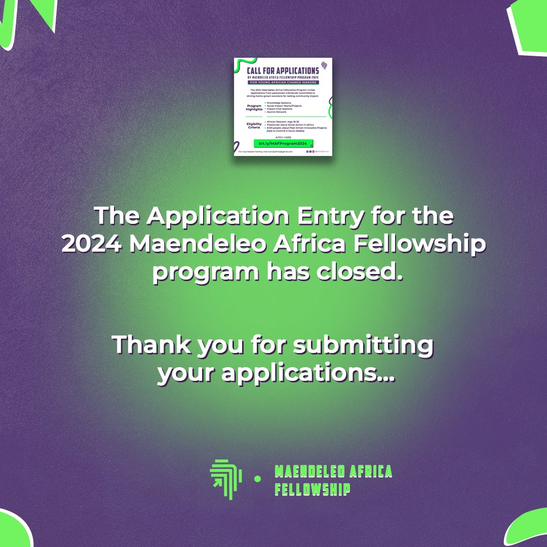 EvolufyAfrica's tweet photo. The Maendeleo Africa 2024 Fellowship Program is no longer accepting applications.
Applicants will be notified of their status via the email provided during registration.
Thank you.
#RegistrationClosed
#thankyou
#maendeleoafricafellowship
#evolufyafrica https://t.co/xQpnMYk0GU