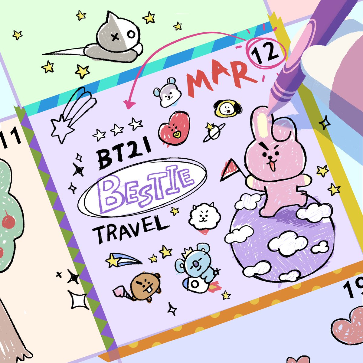 My heart is set! I'm going on a Bestie Trip with BT21. 🚀🌟

[BT21 Bestie Trip Alert] #ComingSoon
📍Date: March 12, 2024
📍Destination: Distant Cloud Planet, Ice Cream Hill 🍨

Are you all set, UNISTARS? 