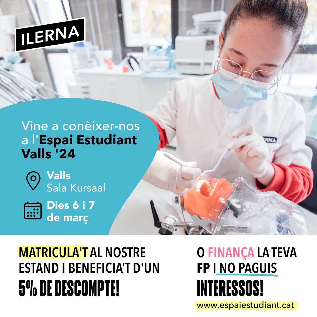 Aquesta setmana ens desplacem a l'Alt Camp per assistir a l'Espai Estudiant de Valls!

👉 Matricula't al nostre estand i beneficiat d'un 5% de descompte!

Consulta la nostra oferta de cicles de #FormacióProfessional a ilerna.es 

#LivingILERNA
