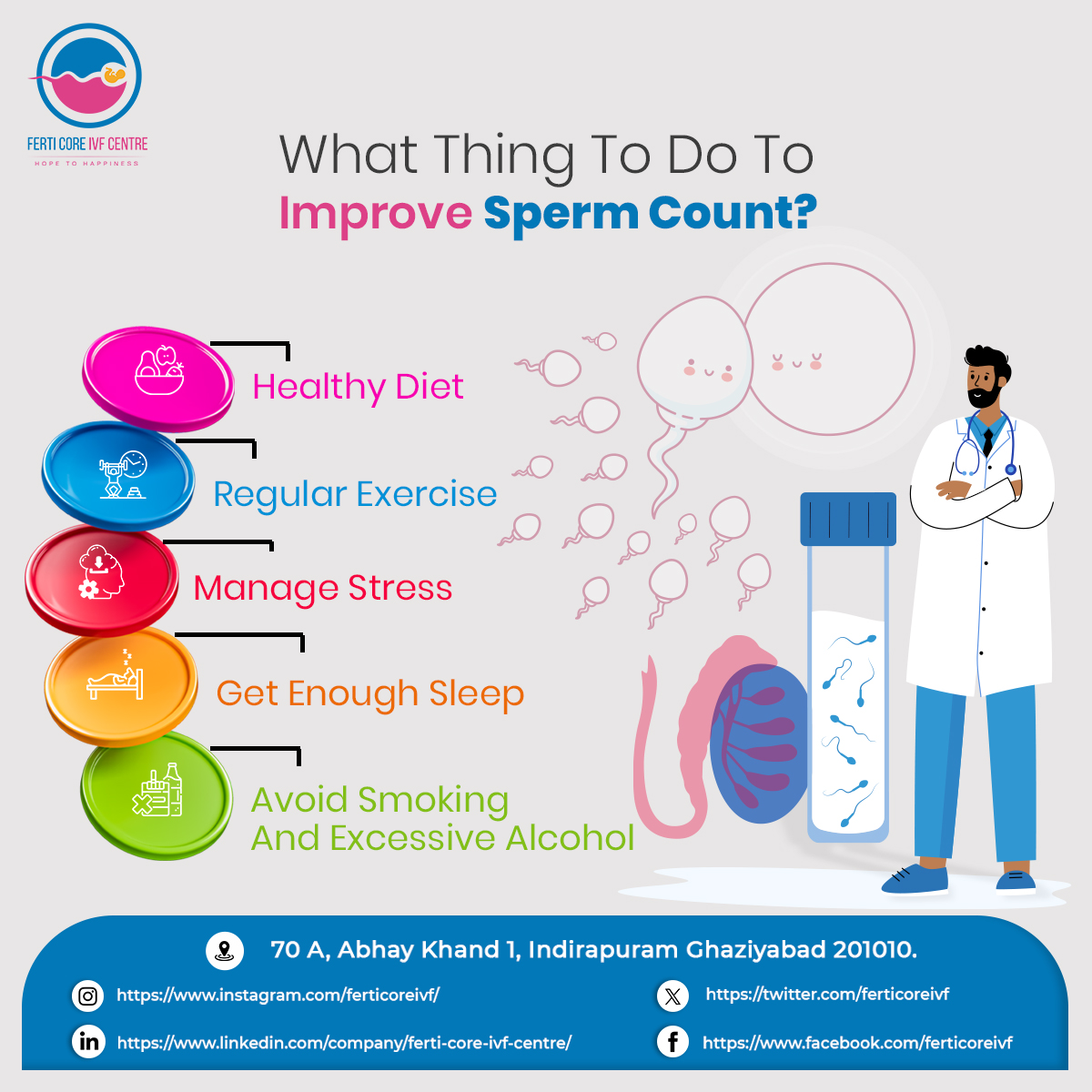 Looking to improve your well-being? Embrace healthy habits like a balanced diet, #exercise, & #stressmanagement. These can boost overall health & potentially impact #spermcount. For personalized advice, consult a doctor! For more info contact us: +91 97170 45039
#spermhealth #IVF