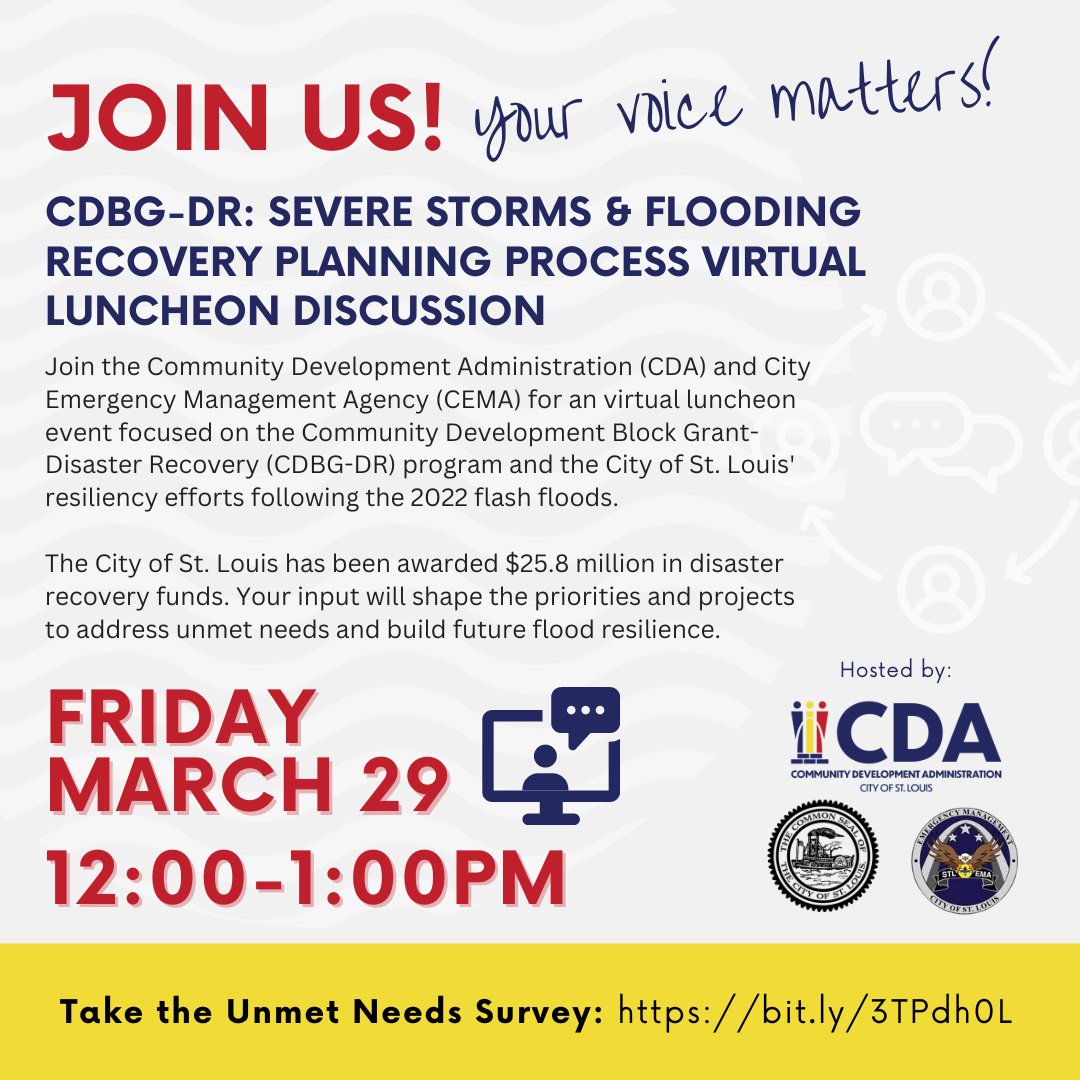 📢 Mark your calendars for TWO upcoming events: CDBG-DR Open House (stlouis-mo.gov/events/eventde…) & virtual Lunch and Learn (stlouis-mo.gov/events/eventde…). Share your feedback on shaping the future of our city's flood resilience. Don't miss out! 🌳🏘️🌦️ #STL #CDAfunded @STLCityGov