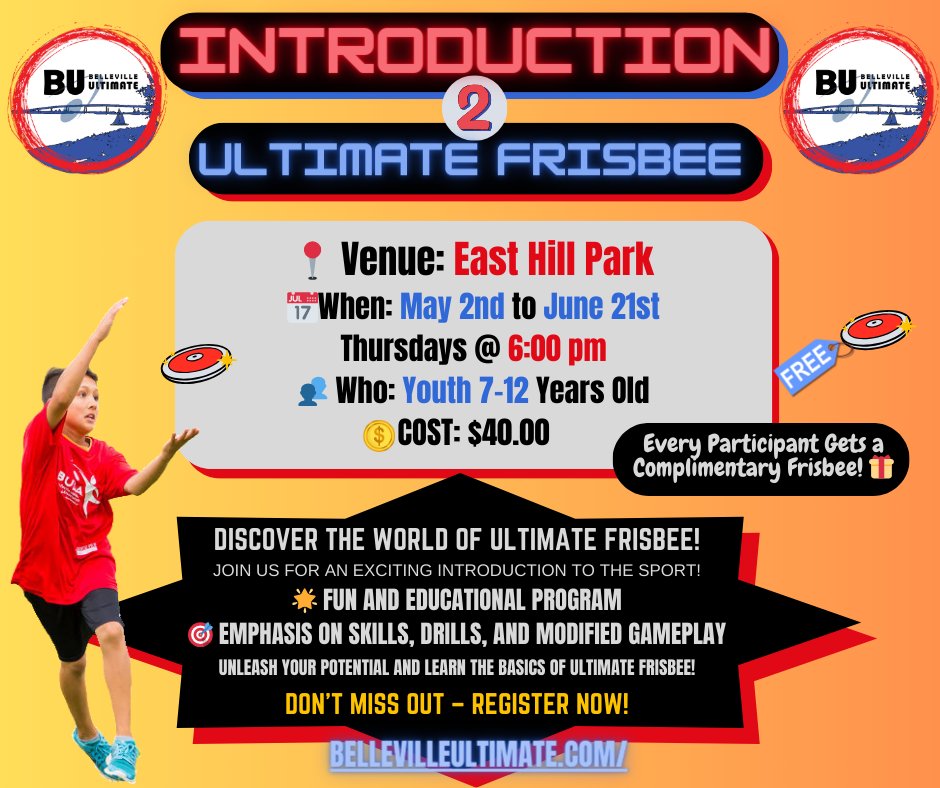 Ultimate_Buda's tweet photo. Discover the World of Ultimate Frisbee! Join us for an Exciting Introduction to the Sport! Fun and Educational Program. Emphasis on Skills, Drills, and Modified Gameplay.
Unleash Your Potential and Learn the Basics of Ultimate Frisbee! Don't Miss Out – Register Now!
#belleville https://t.co/hb47ZzDSzv