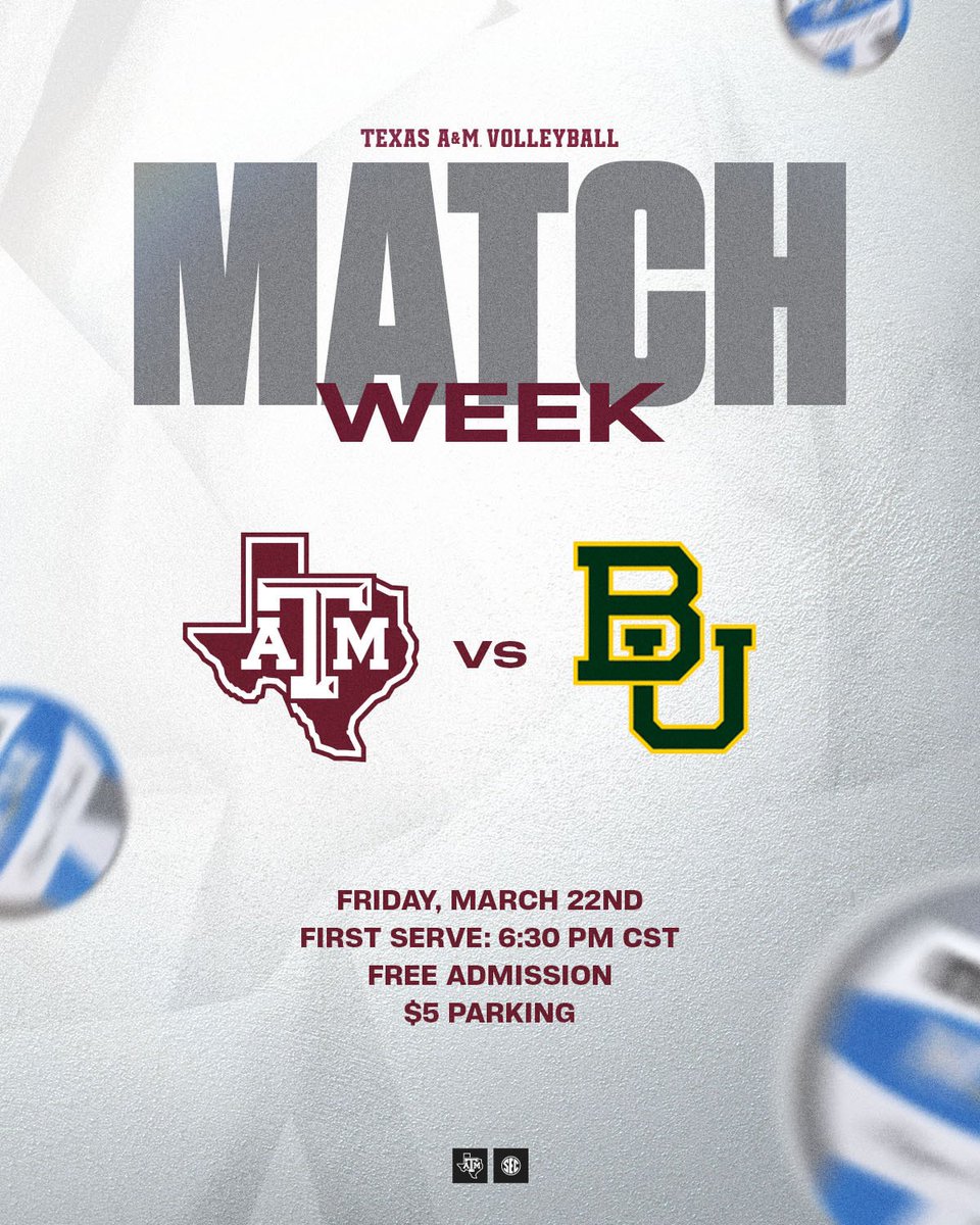 🚨 Aggie volleyball is back this week 🚨

We host an exhibition match versus Baylor on Friday, doors open at 5:30 p.m. ‼️

See you there Ags 👍

#GigEm // #AggieVB