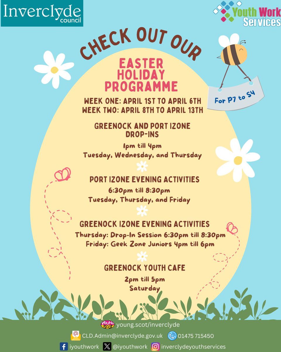 🌱 Spring is here! 🐦 Inverclyde Youth Services are running activities over the Easter holidays to keep you active⛹️ and entertained 🎭 . Check out our flyer for further details.