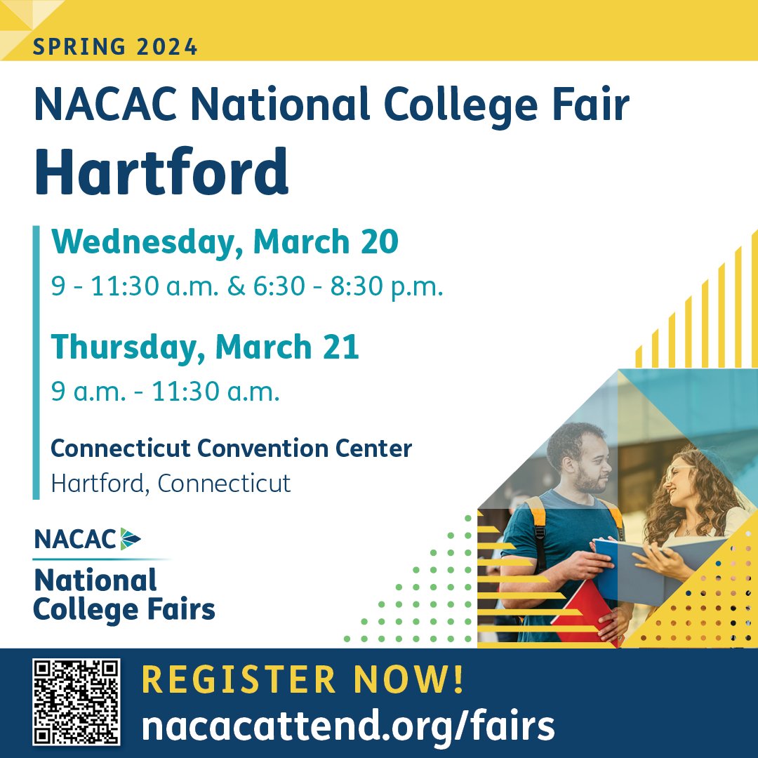 Reminder: Join us March 20-21 at the Connecticut Convention Center for the Hartford National College Fair. Register today: nacacattend.org/fairs #NACAC #collegefairs #collegefair @ctconventionctr