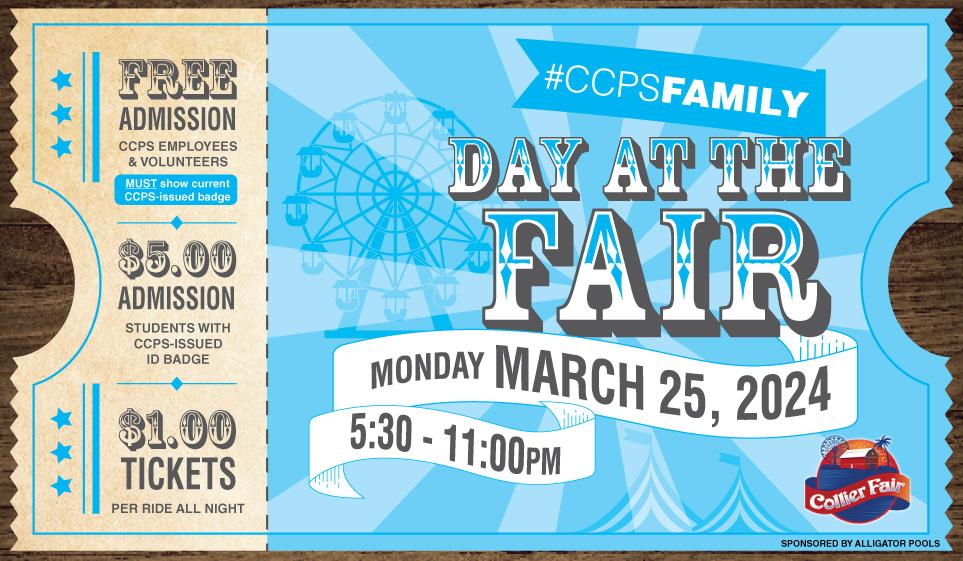 Join us next Mon, March 25, from 5:30-11PM for a #CCPSFamily Day at the Fair! CCPS employees/volunteers with a badge will receive FREE admission; students with a CCPS-issued ID badge pay $5. Rides are $1 per ride all night long. NOTE: There is a 'Clear Bags Only' policy.
