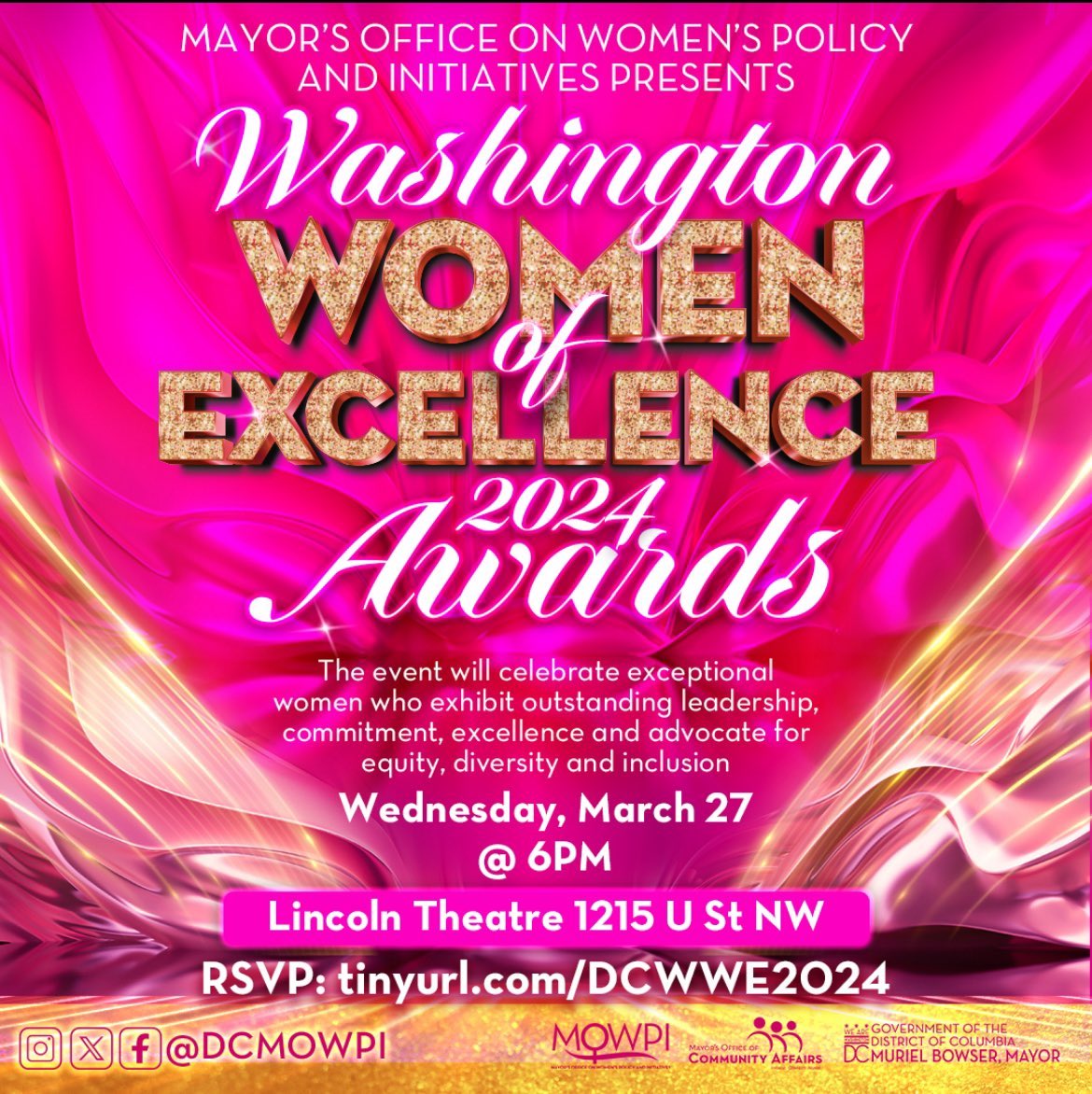 Celebrate Women's History Month by celebrating DC women. Join @DCMOWPI for the 2024 Washington Women of Excellence Awards, where we'll honor some of DC's outstanding leaders: 🗓️Wednesday, March 27 ⏰6PM 📍1215 U St NW ➡️tinyurl.com/DCWWE2024