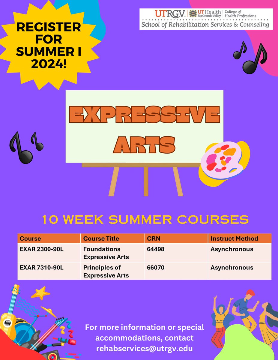 UTRGVRehab's tweet image. Registration is OPEN for Summer I 2024 Expressive Arts 10-week courses! 😎 Don't miss out on this amazing opportunity to make this summer one to remember! Let the creativity begin! 😎 #ExpressiveArts #SummerCourses #CreativeSummer