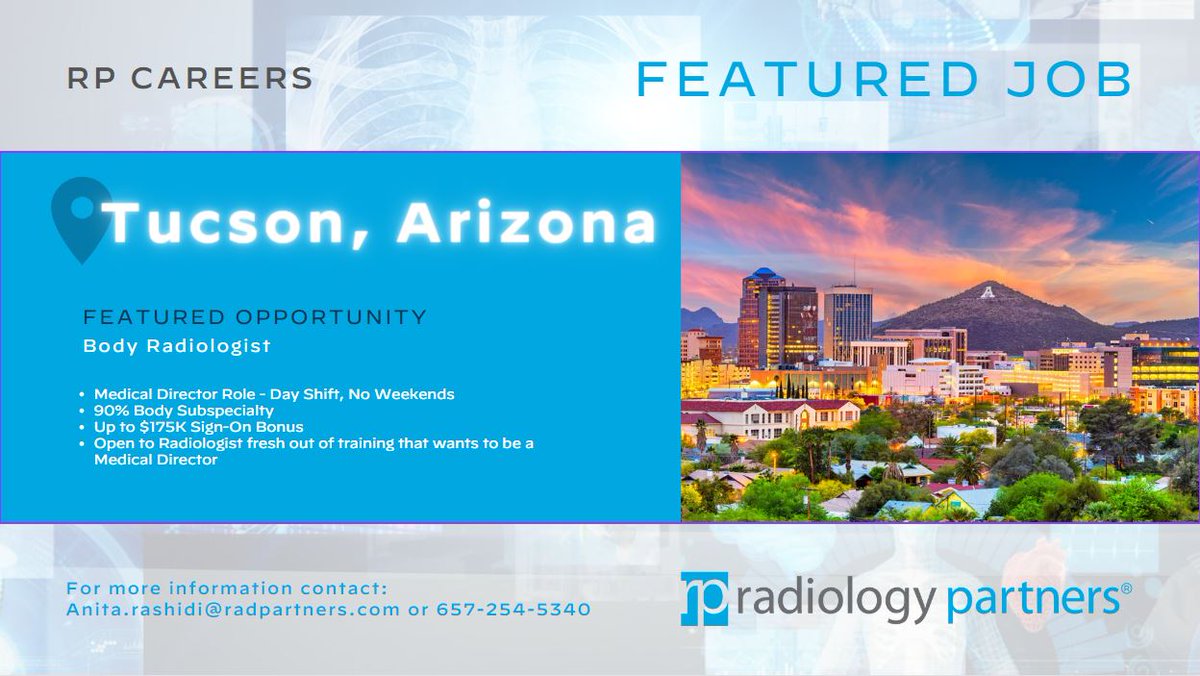 🚀 Join our team in Tucson, AZ! Seeking a passionate Medical Director/Body Radiologist! 🏥 Enjoy 90% subspecialty work, weekends off, and a $175K sign-on bonus! 🌟

Let's connect: anita.rashidi@radpartners.com

 #Radiology #MedicalDirector #TucsonAZ