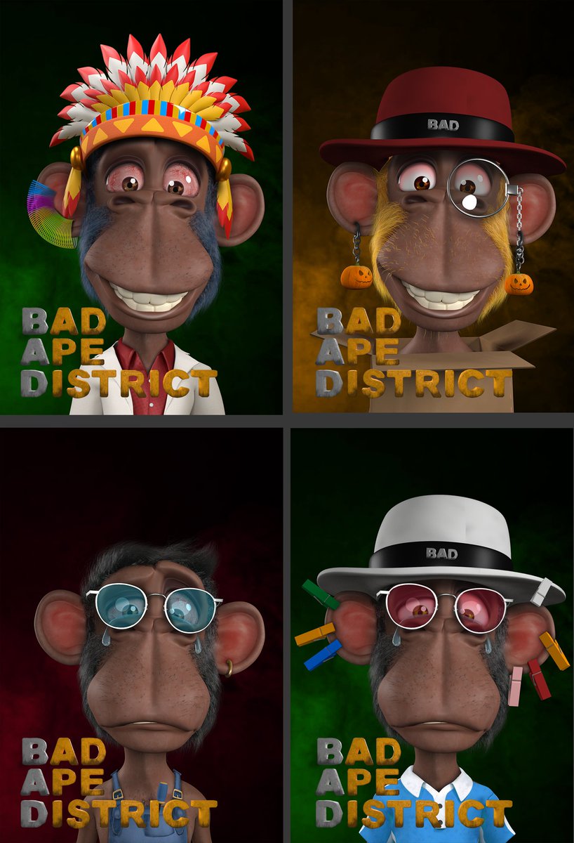 BAD APE DISTRICT, upcoming NFT collection , Follow me 😊
,
,
#NFT #NFTs #Nftdrops #NFTGiveaway #NFTCommmunity #CRO #crofam📷📷📷 #FFTB📷📷📷  #artists #conceptart #nftart #3danimation #AnimatedNFT
