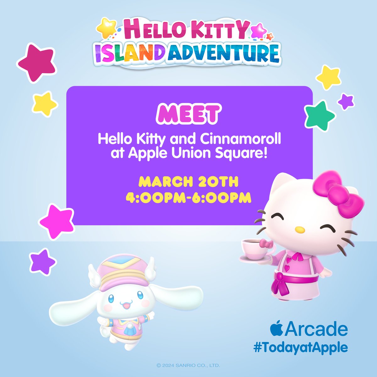 Hello SF! Join @HelloKitty and Cinnamorroll at Apple Union Square to play #HelloKittyIslandAdventure on @AppleArcade. We’ll celebrate w/fun surprises + new friends, @SunblinkGameDev. ⁠ ⁠ It’s free but spots are limited. Sign-up here: apple.co/hello-kitty-un… #TodayatApple